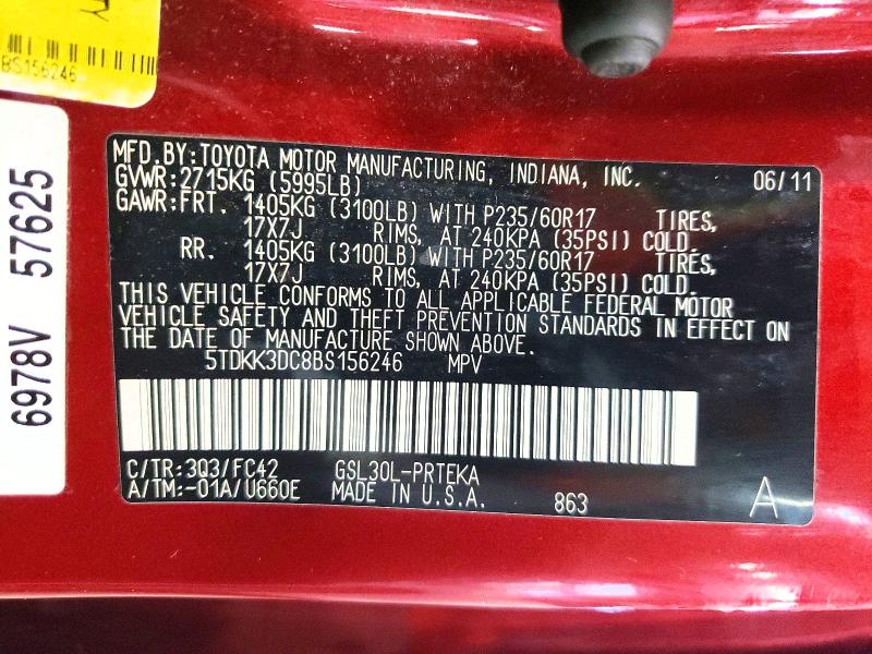 2011 Toyota Sienna მანქანა იყიდება აუქციონზე, vin: 5TDKK3DC8BS156246, აუქციონის ნომერი: 65329136
