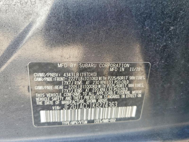65738846 :رقم المزاد ، JF2GTACC1K8274363 vin ، 2019 Subaru Crosstrek مزاد بيع