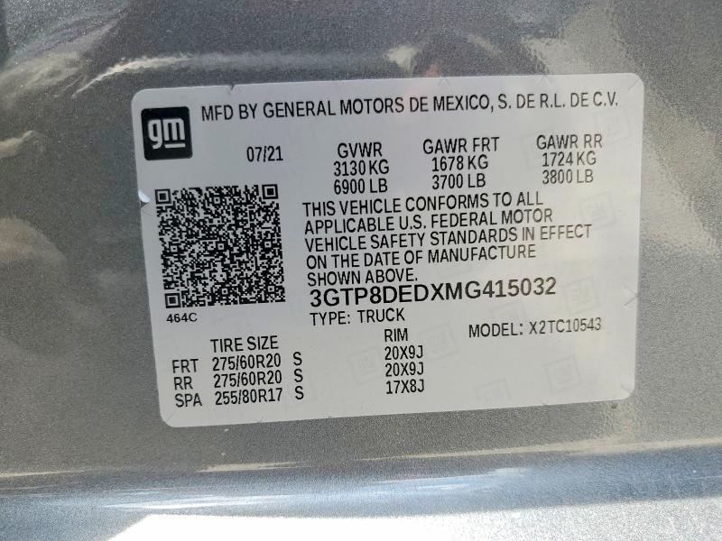 Aukcja sprzedaży 2021 Gmc Sierra, vin: 3GTP8DEDXMG415032, numer aukcji: 65706806