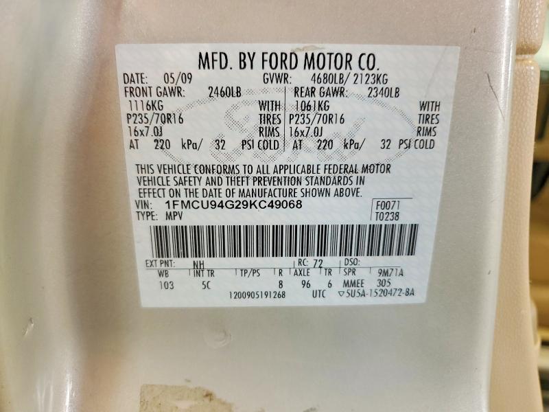 2009 Ford Escape მანქანა იყიდება აუქციონზე, vin: 1FMCU94G29KC49068, აუქციონის ნომერი: 65190926