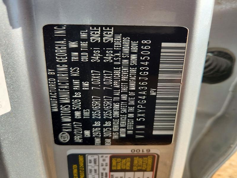 64068566 :رقم المزاد ، 5XYPG4A36JG345068 vin ، 2018 Kia Sorento مزاد بيع