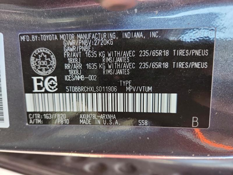 Aukcja sprzedaży 2020 Toyota Highlander, vin: 5TDBBRCHXLS011906, numer aukcji: 66187976