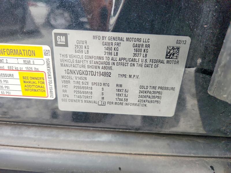 64242246 :رقم المزاد ، 1GNKVGKD7DJ194892 vin ، 2013 Chevrolet Traverse مزاد بيع