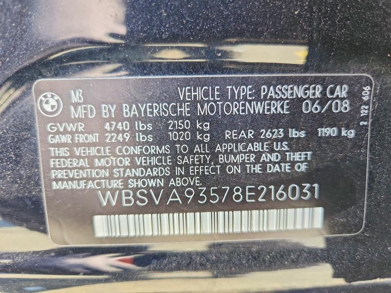 Продажа на аукционе авто 2008 Bmw M3, vin: WBSVA93578E216031, номер лота: 65573346