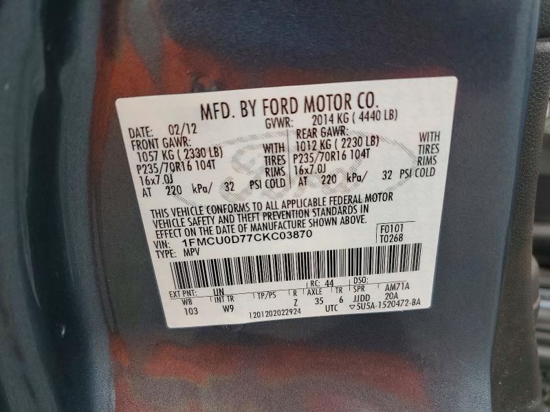 64737396 :رقم المزاد ، 1FMCU0D77CKC03870 vin ، 2012 Ford Escape مزاد بيع