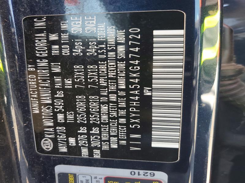 66368196 :رقم المزاد ، 5XYPH4A54KG474720 vin ، 2019 Kia Sorento مزاد بيع