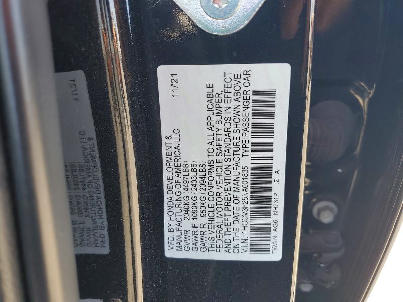 Aukcja sprzedaży 2022 Honda Accord, vin: 1HGCV3F25NA001835, numer aukcji: 64090616