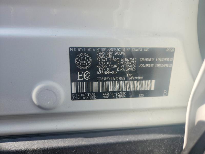 Продаж на аукціоні авто 2020 Toyota Rav4, vin: 2T3B1RFV1LW122038, номер лоту: 65905856