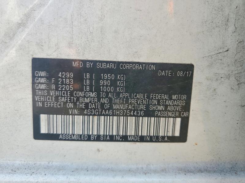 2017 Subaru Impreza მანქანა იყიდება აუქციონზე, vin: 4S3GTAA61H3754436, აუქციონის ნომერი: 66655746
