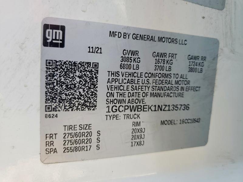 2022 Chevrolet Silverado Ltd მანქანა იყიდება აუქციონზე, vin: 1GCPWBEK1NZ135736, აუქციონის ნომერი: 64235806