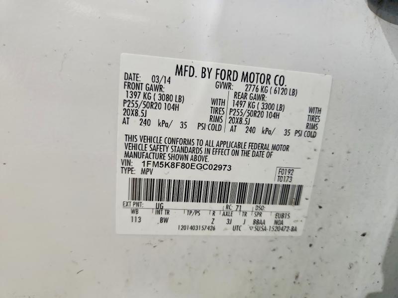 67085056 :رقم المزاد ، 1FM5K8F80EGC02973 vin ، 2014 Ford Explorer مزاد بيع