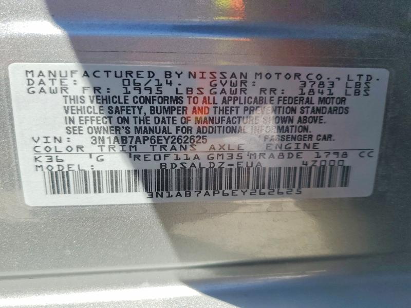 2014 Nissan Sentra მანქანა იყიდება აუქციონზე, vin: 3N1AB7AP6EY262625, აუქციონის ნომერი: 63682246