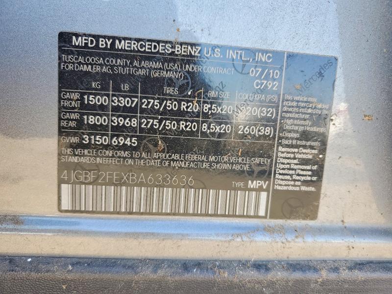 66087136 :رقم المزاد ، 4JGBF2FEXBA633636 vin ، 2011 Mercedes-benz Gl مزاد بيع