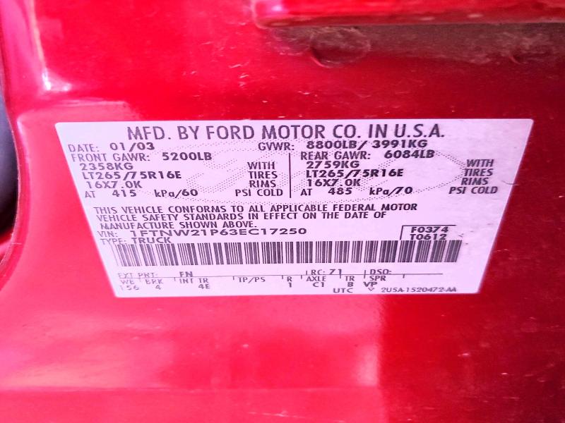 Продажа на аукционе авто 2003 Ford F250, vin: 1FTNW21P63EC17250, номер лота: 66113906