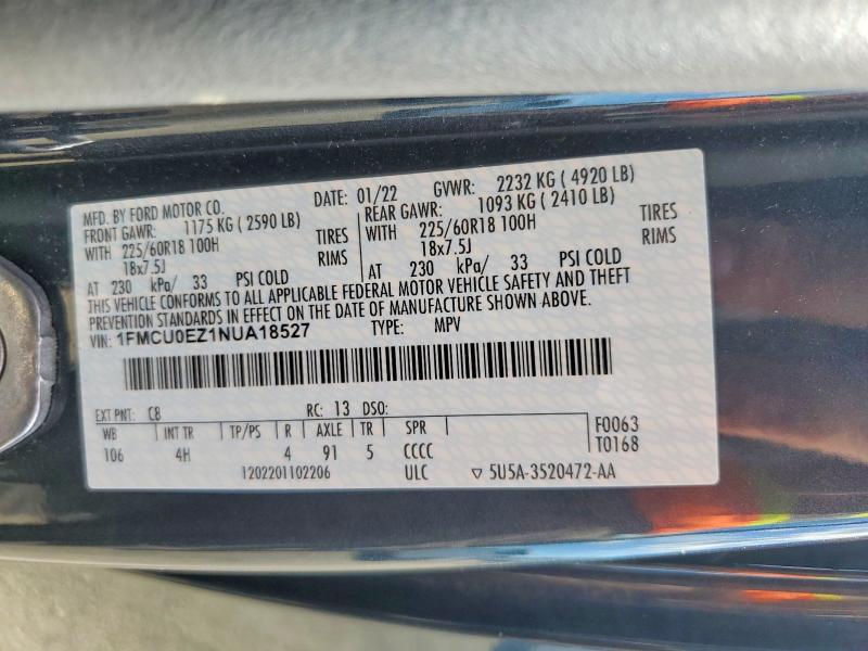 66268506 :رقم المزاد ، 1FMCU0EZ1NUA18527 vin ، 2022 Ford Escape مزاد بيع