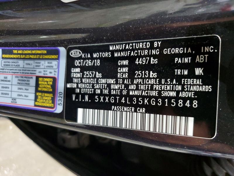 2019 Kia Optima მანქანა იყიდება აუქციონზე, vin: 5XXGT4L35KG315848, აუქციონის ნომერი: 65648966