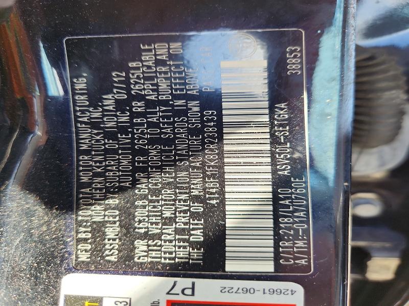 65615236 :رقم المزاد ، 4T4BF1FK8CR238439 vin ، 2012 Toyota Camry مزاد بيع