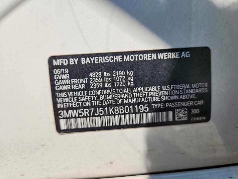 2019 Bmw 330xi მანქანა იყიდება აუქციონზე, vin: 3MW5R7J51K8B01195, აუქციონის ნომერი: 66052996