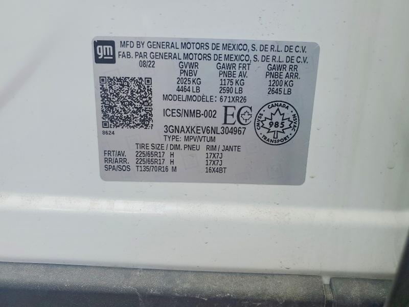 Aukcja sprzedaży 2022 Chevrolet Equinox, vin: 3GNAXKEV6NL304967, numer aukcji: 64747876