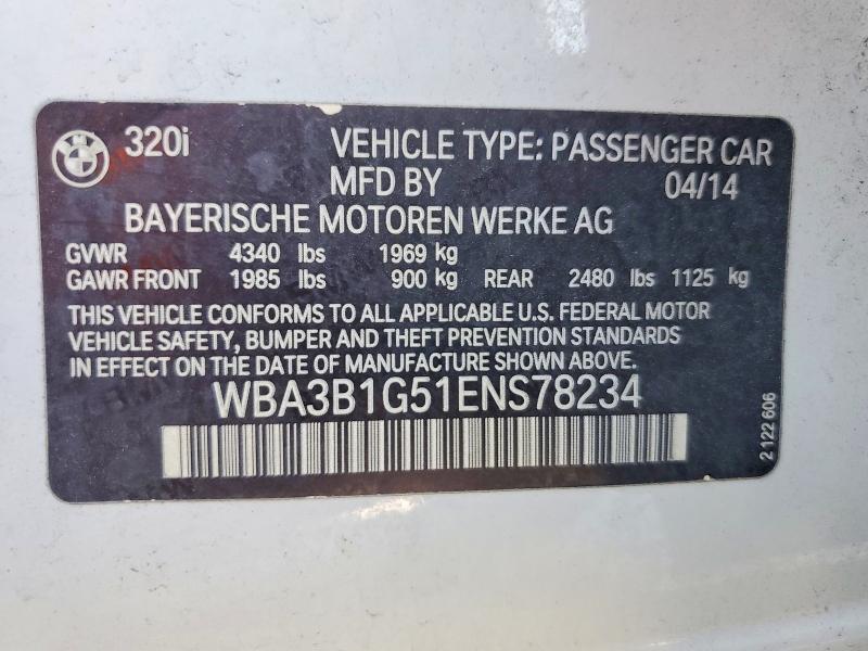 Aukcja sprzedaży 2014 Bmw 320, vin: WBA3B1G51ENS78234, numer aukcji: 67024166