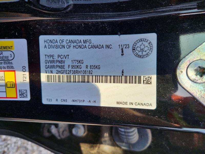 Продаж на аукціоні авто 2024 Honda Civic, vin: 2HGFE2F38RH106182, номер лоту: 62824946