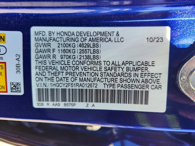 65138106 :رقم المزاد ، 1HGCY2F51RA012672 vin ، 2024 Honda Accord مزاد بيع