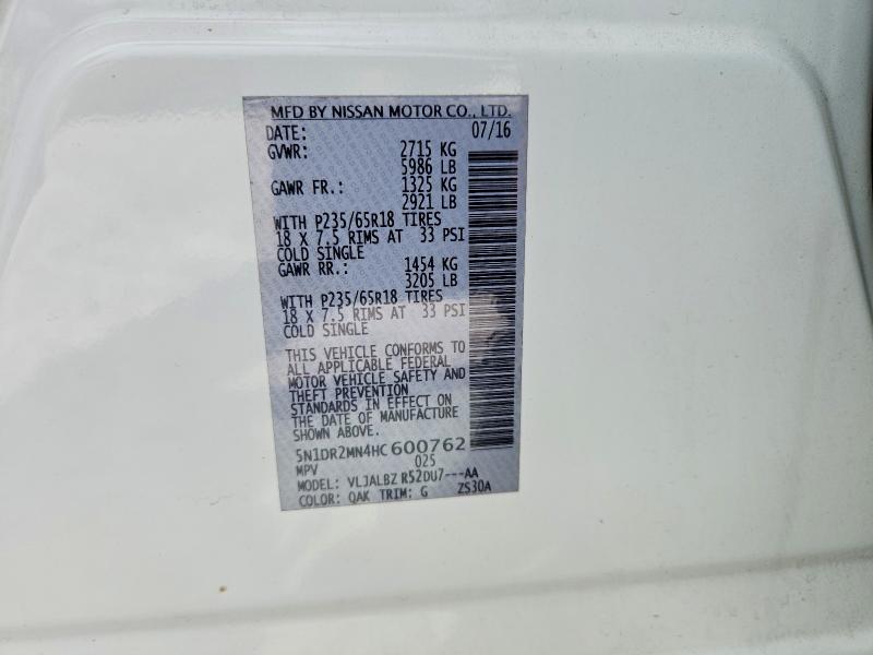 Aukcja sprzedaży 2017 Nissan Pathfinder, vin: 5N1DR2MN4HC600762, numer aukcji: 64702736