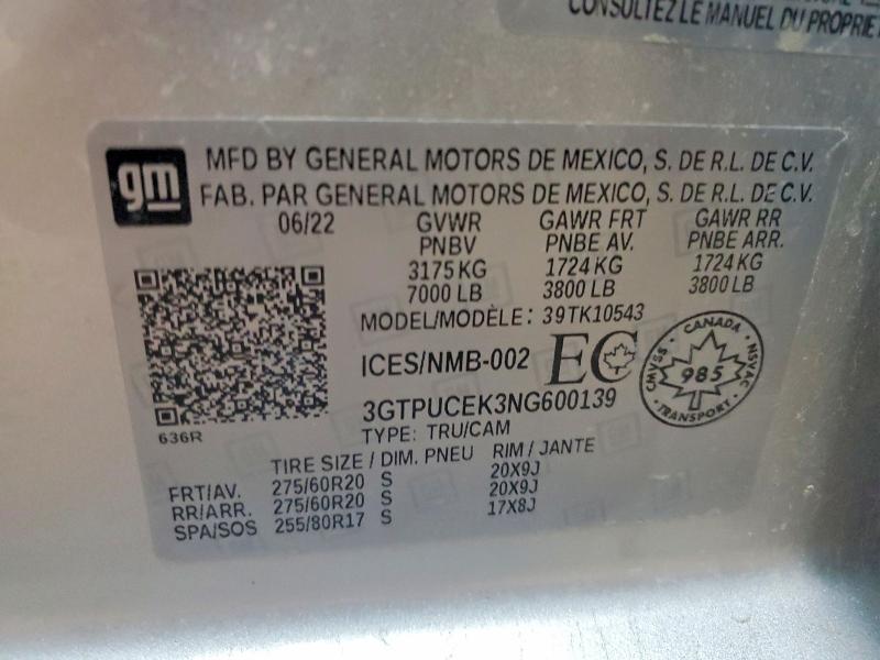 65446946 :رقم المزاد ، 3GTPUCEK3NG600139 vin ، 2022 Gmc Sierra مزاد بيع