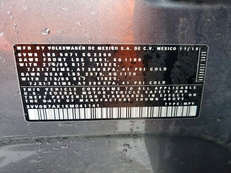 Продаж на аукціоні авто 2019 Volkswagen Tiguan, vin: 3VV0B7AX1KM041141, номер лоту: 63583426