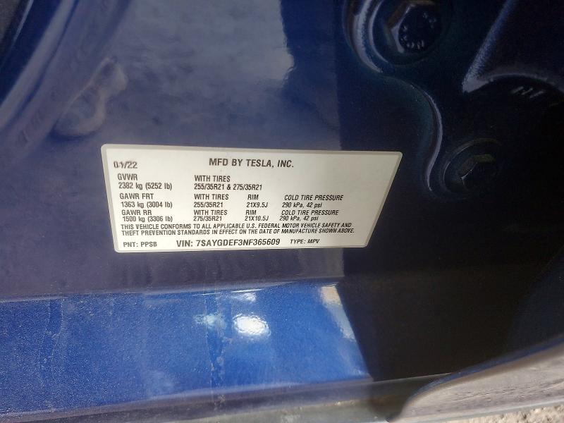 65569916 :رقم المزاد ، 7SAYGDEF3NF365609 vin ، 2022 Tesla Model Y مزاد بيع
