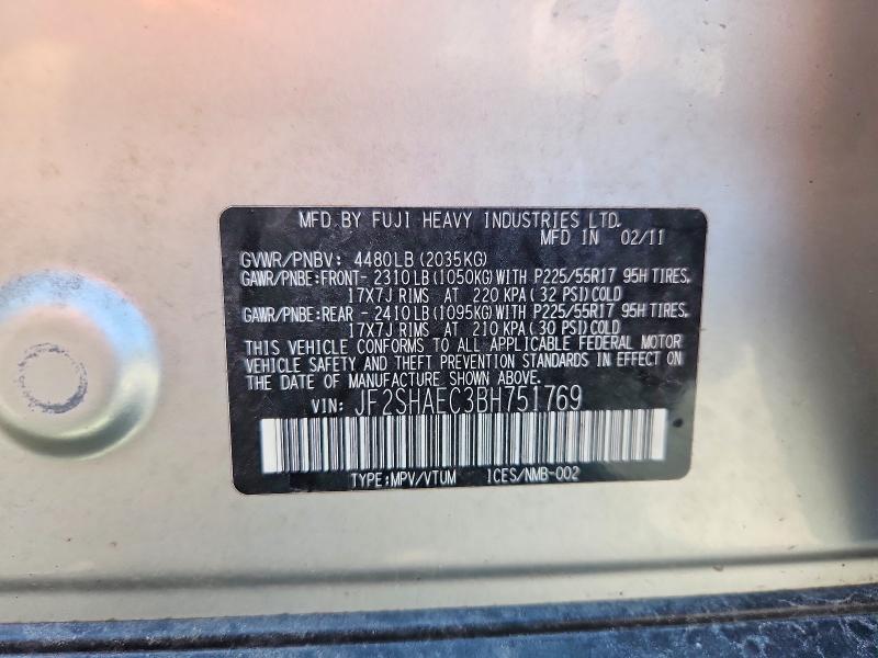 2011 Subaru Forester მანქანა იყიდება აუქციონზე, vin: JF2SHAEC3BH751769, აუქციონის ნომერი: 65387546