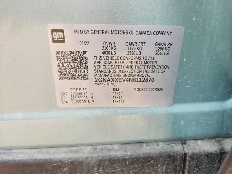 67002076 :رقم المزاد ، 2GNAXXEV4N6112870 vin ، 2022 Chevrolet Equinox مزاد بيع