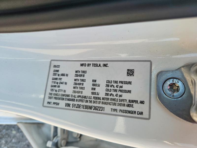 Aukcja sprzedaży 2022 Tesla Model 3, vin: 5YJ3E1EB8NF362231, numer aukcji: 63256816