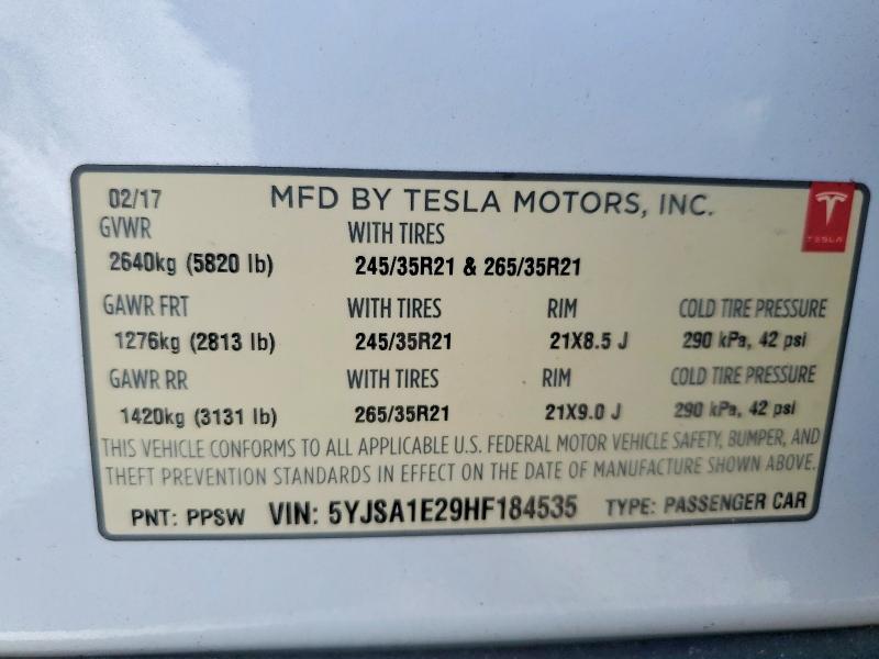 Aukcja sprzedaży 2017 Tesla Model S, vin: 5YJSA1E29HF184535, numer aukcji: 58403196