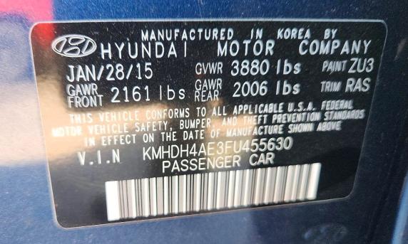 2015 Hyundai Elantra მანქანა იყიდება აუქციონზე, vin: KMHDH4AE3FU455630, აუქციონის ნომერი: 63745586