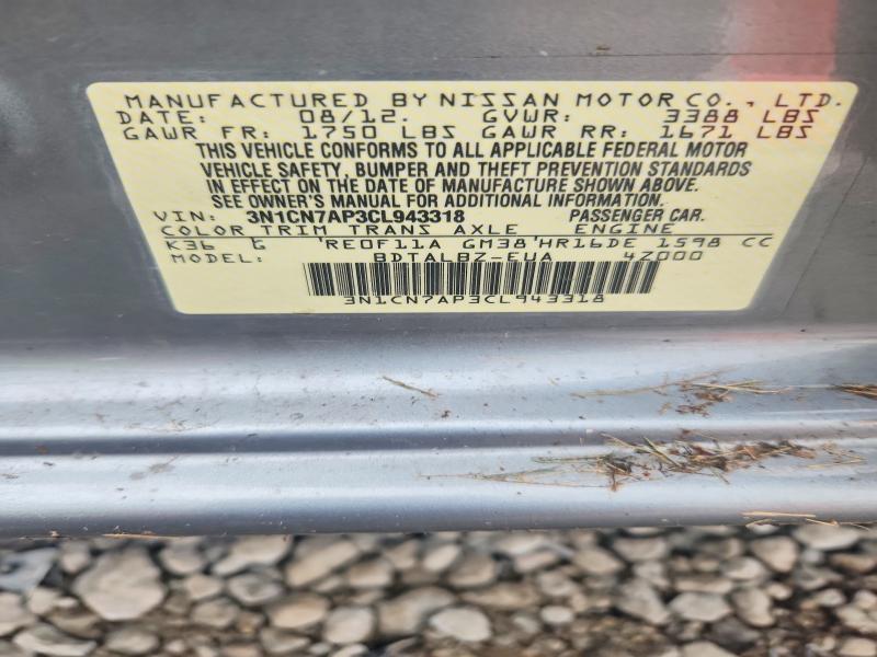 Aukcja sprzedaży 2012 Nissan Versa, vin: 3N1CN7AP3CL943318, numer aukcji: 65463276