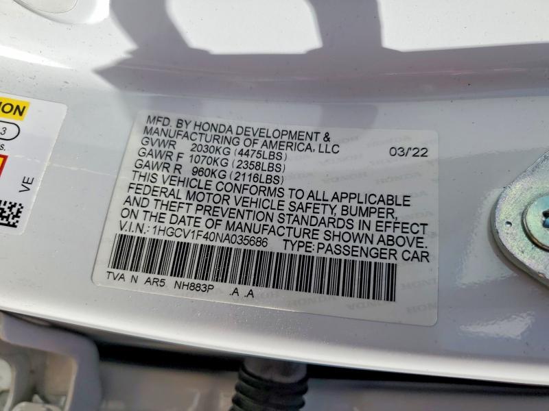 Aukcja sprzedaży 2022 Honda Accord, vin: 1HGCV1F40NA035686, numer aukcji: 66036036