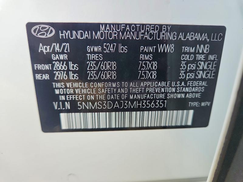 Продажа на аукционе авто 2021 Hyundai Santa Fe, vin: 5NMS3DAJ3MH356351, номер лота: 64839236