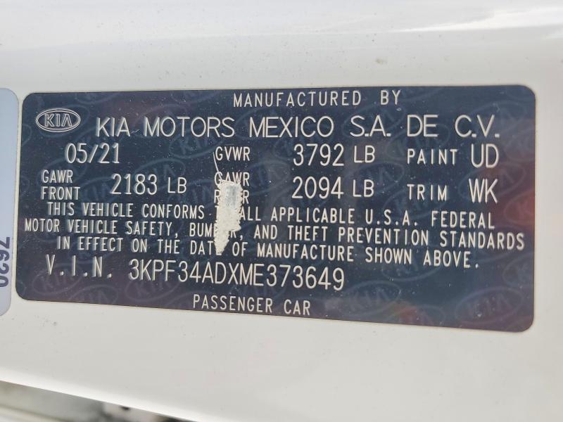 2021 Kia Forte მანქანა იყიდება აუქციონზე, vin: 3KPF34ADXME373649, აუქციონის ნომერი: 66841886