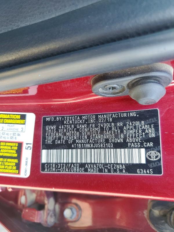 65659286 :رقم المزاد ، 4T1B11HK8JU583103 vin ، 2018 Toyota Camry مزاد بيع