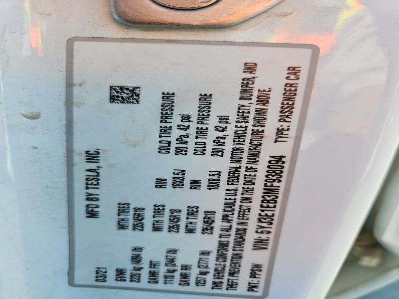 2021 Tesla Model 3 მანქანა იყიდება აუქციონზე, vin: 5YJ3E1EB3MF938094, აუქციონის ნომერი: 63729076