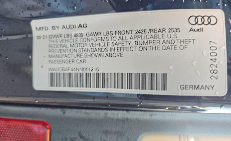65344846 :رقم المزاد ، WAUCBAF44NN001215 vin ، 2022 Audi A4 مزاد بيع