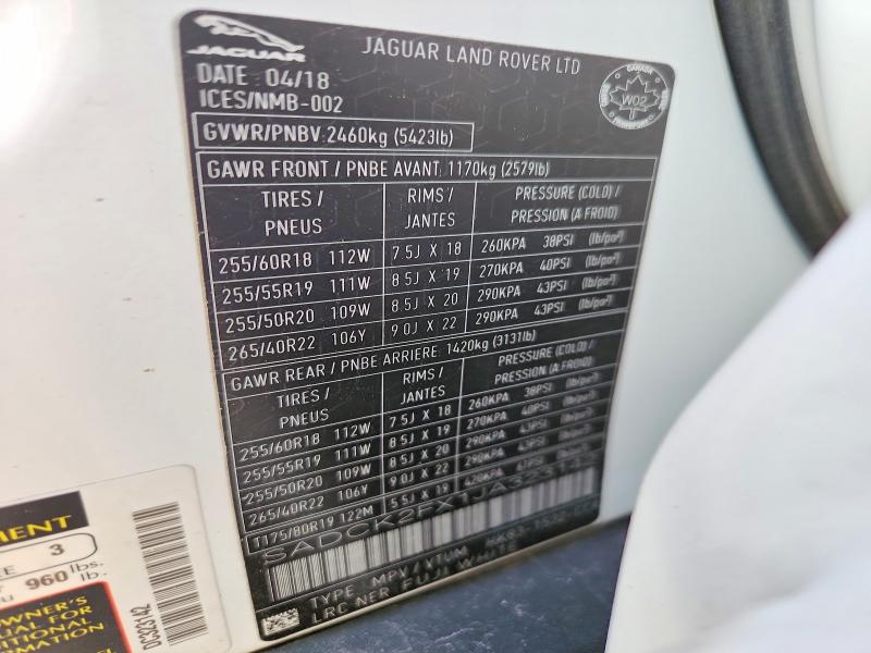 66218626 :رقم المزاد ، SADCK2FX1JA323142 vin ، 2018 Jaguar F-pace مزاد بيع