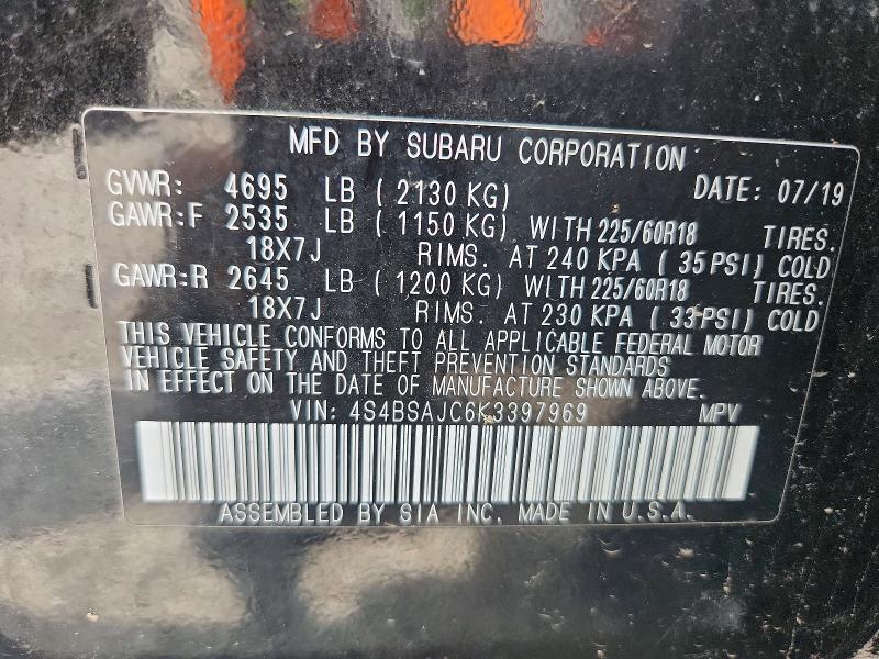2019 Subaru Outback მანქანა იყიდება აუქციონზე, vin: 4S4BSAJC6K3397969, აუქციონის ნომერი: 63802516
