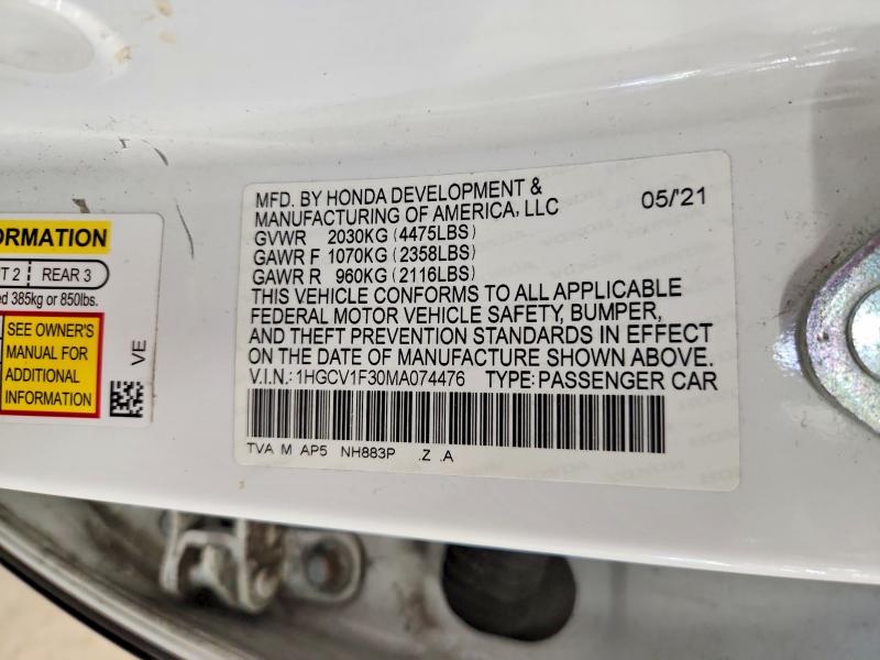 Продаж на аукціоні авто 2021 Honda Accord, vin: 1HGCV1F30MA074476, номер лоту: 64543866