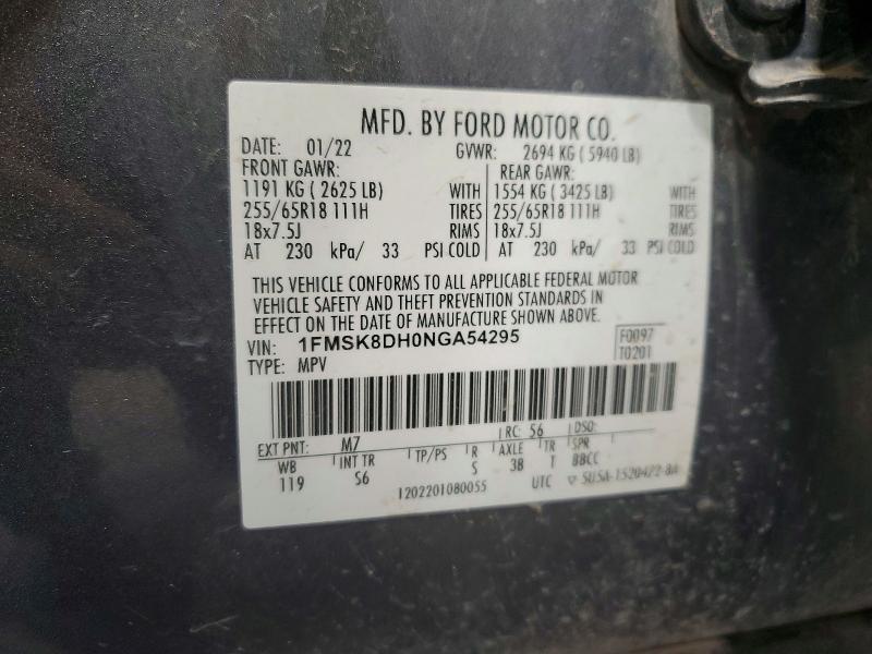 63947526 :رقم المزاد ، 1FMSK8DH0NGA54295 vin ، 2022 Ford Explorer مزاد بيع