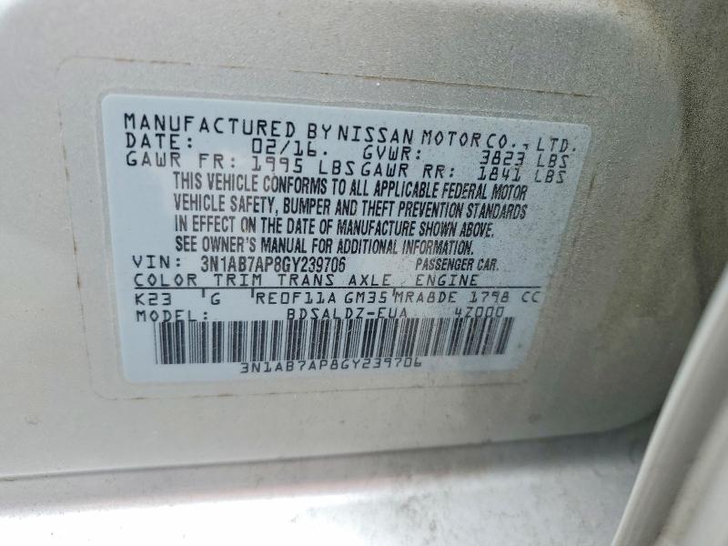 2016 Nissan Sentra მანქანა იყიდება აუქციონზე, vin: 3N1AB7AP8GY239706, აუქციონის ნომერი: 60608716