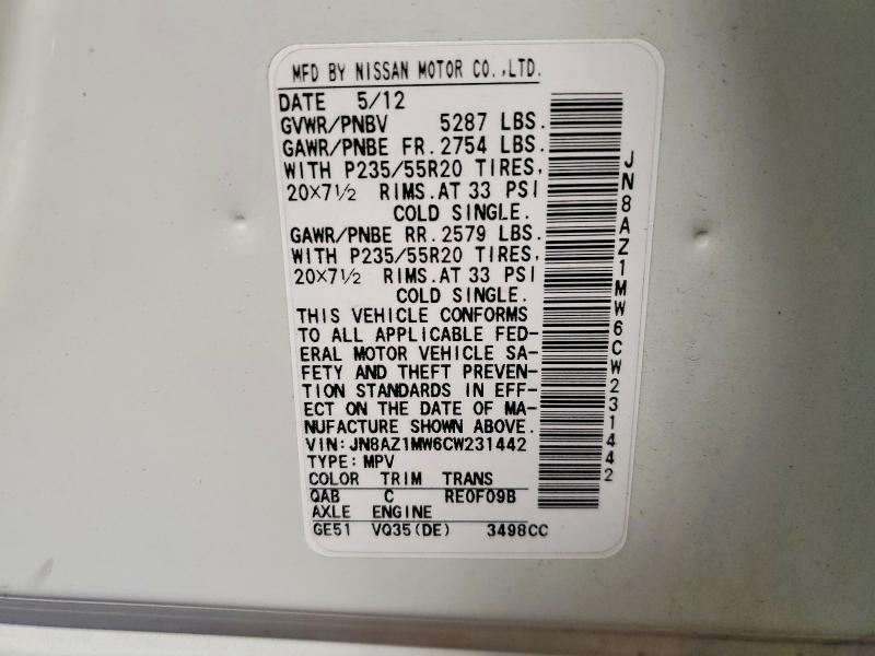 63565346 :رقم المزاد ، JN8AZ1MW6CW231442 vin ، 2012 Nissan Murano مزاد بيع