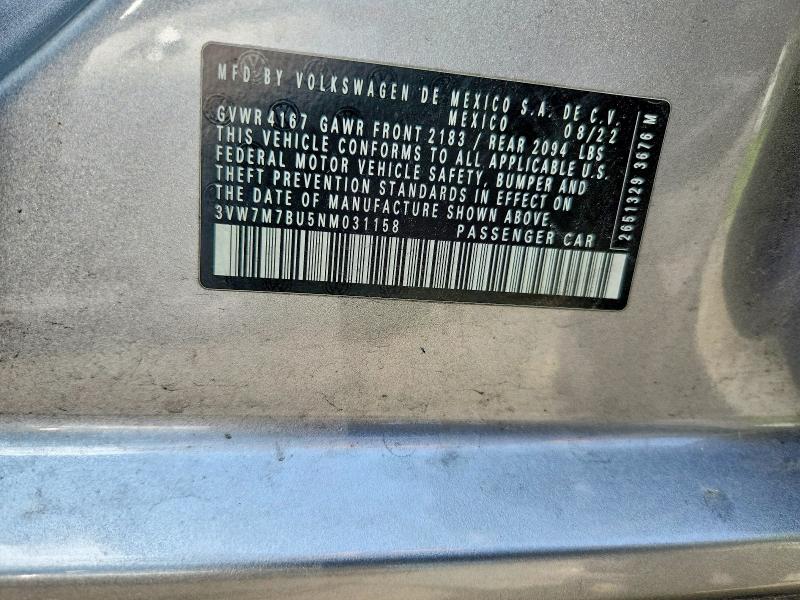 2022 Volkswagen Jetta მანქანა იყიდება აუქციონზე, vin: 3VW7M7BU5NM031158, აუქციონის ნომერი: 66647796