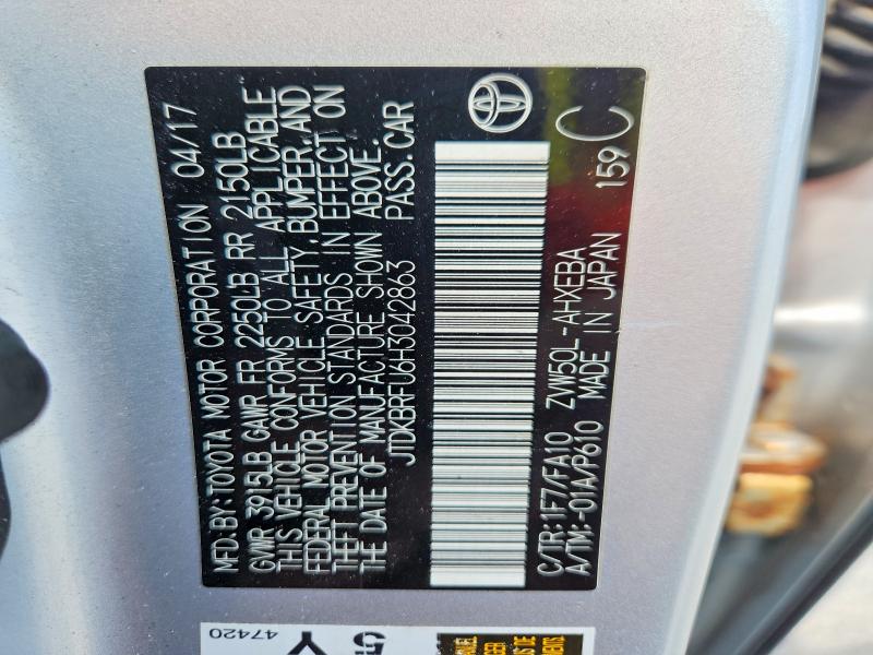 2017 Toyota Prius მანქანა იყიდება აუქციონზე, vin: JTDKBRFU6H3042863, აუქციონის ნომერი: 66056716